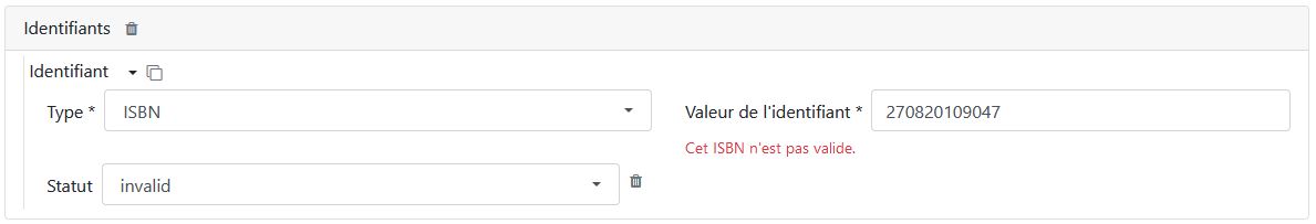 Type: ISBN | Valeur de l'identifiant: 270820109047 | Statut: Invalide